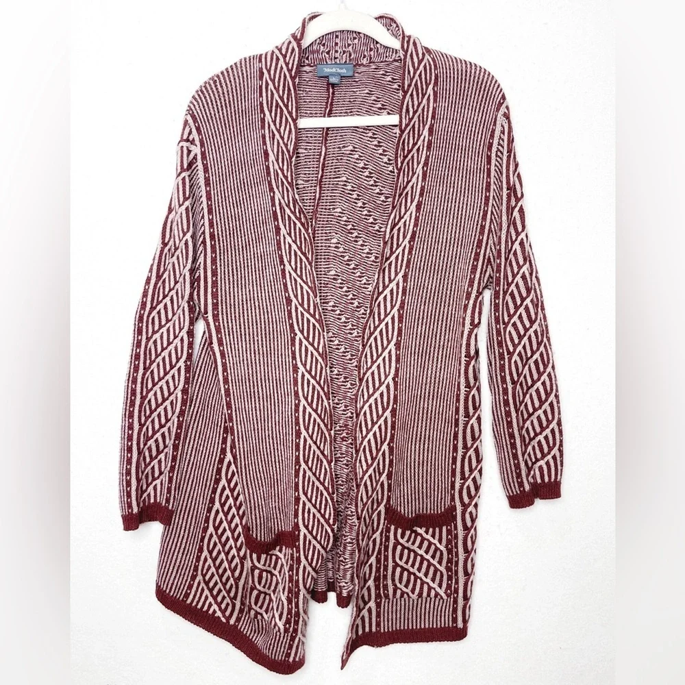 ModCloth Standout Burgundy Knit Open Front Cardigan Sweater Size Large